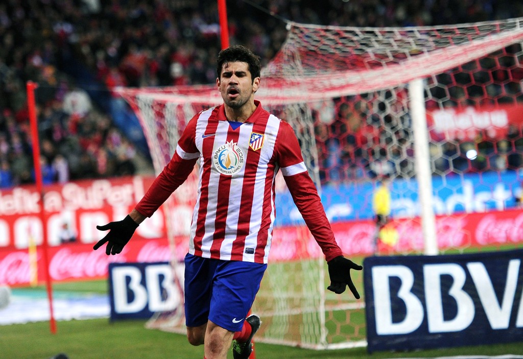 Diego Costa tuulettaa Atletico Madridin paidassa