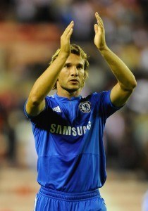 SUNDERLAND, ENGLAND - AUGUST 18: Andriy Shevchenko of Chelsea applauds the fans at the end of the Barclays Premier League match between Sunderland and Chelsea at the Stadium of Light on August 18, 2009 in Manchester, England. (Photo by Michael Regan/Getty Images)