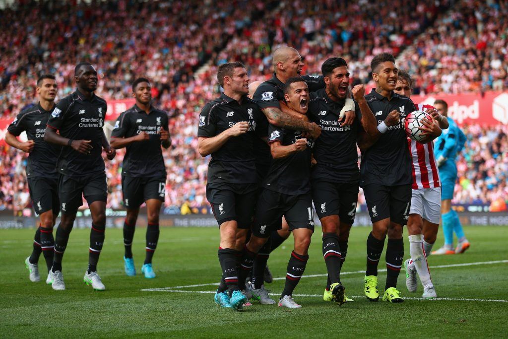 during the Barclays Premier League match between Stoke City and Liverpool at Brittania Stadium on August 9, 2015 in Stoke on Trent, England.