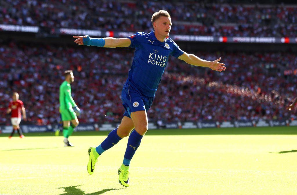LONDON, ENGLAND - AUGUST 07: Jamie Vardy of Leicester City celebrates after scoring his sides first goal during The FA Community Shield match between Leicester City and Manchester United at Wembley Stadium on August 7, 2016 in London, England. (Photo by Michael Steele/Getty Images)